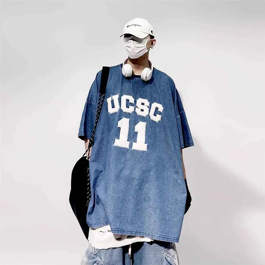 Vintage Embroidered Denim Hip Hop T-Shirt