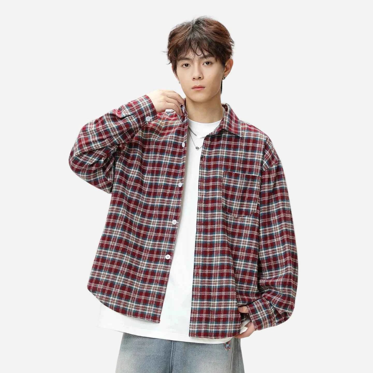 Retro Y2K Plaid Color Block Long Sleeve Shirt