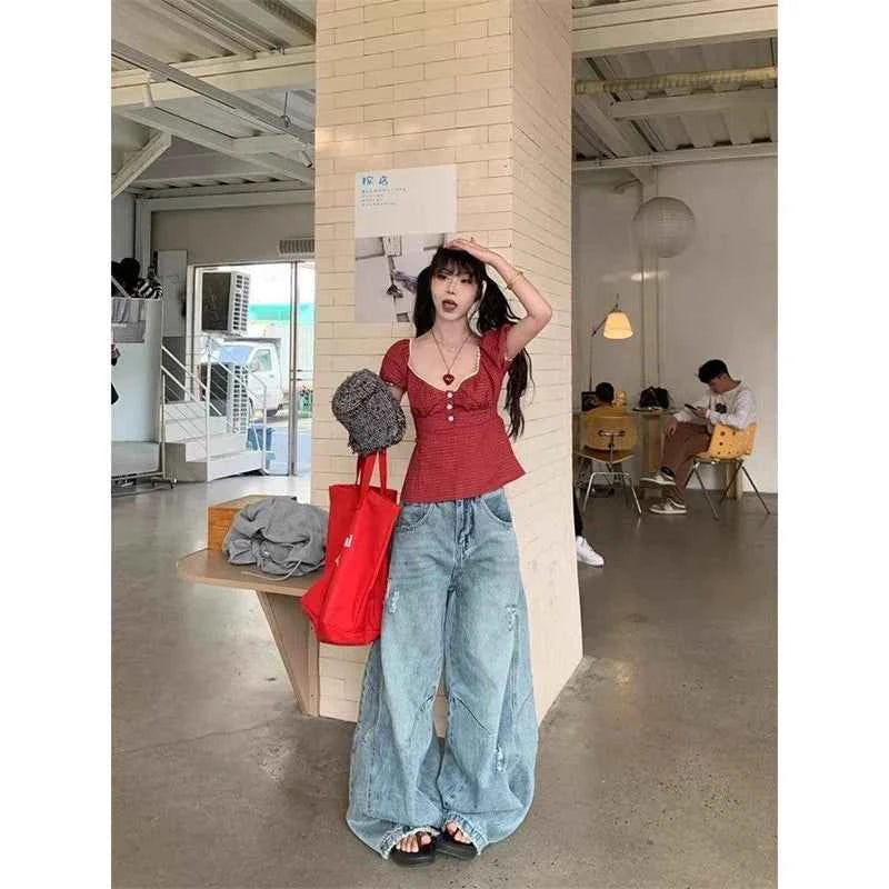 Women Comfort Vintage High Waist Wide Leg Jeans