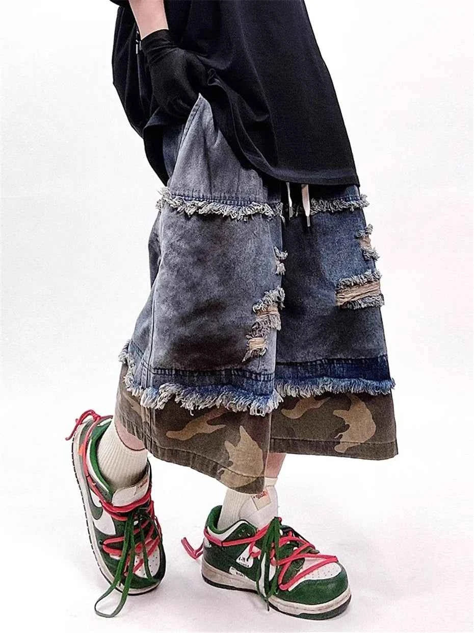 Retro Camouflage Splicing Denim Jorts