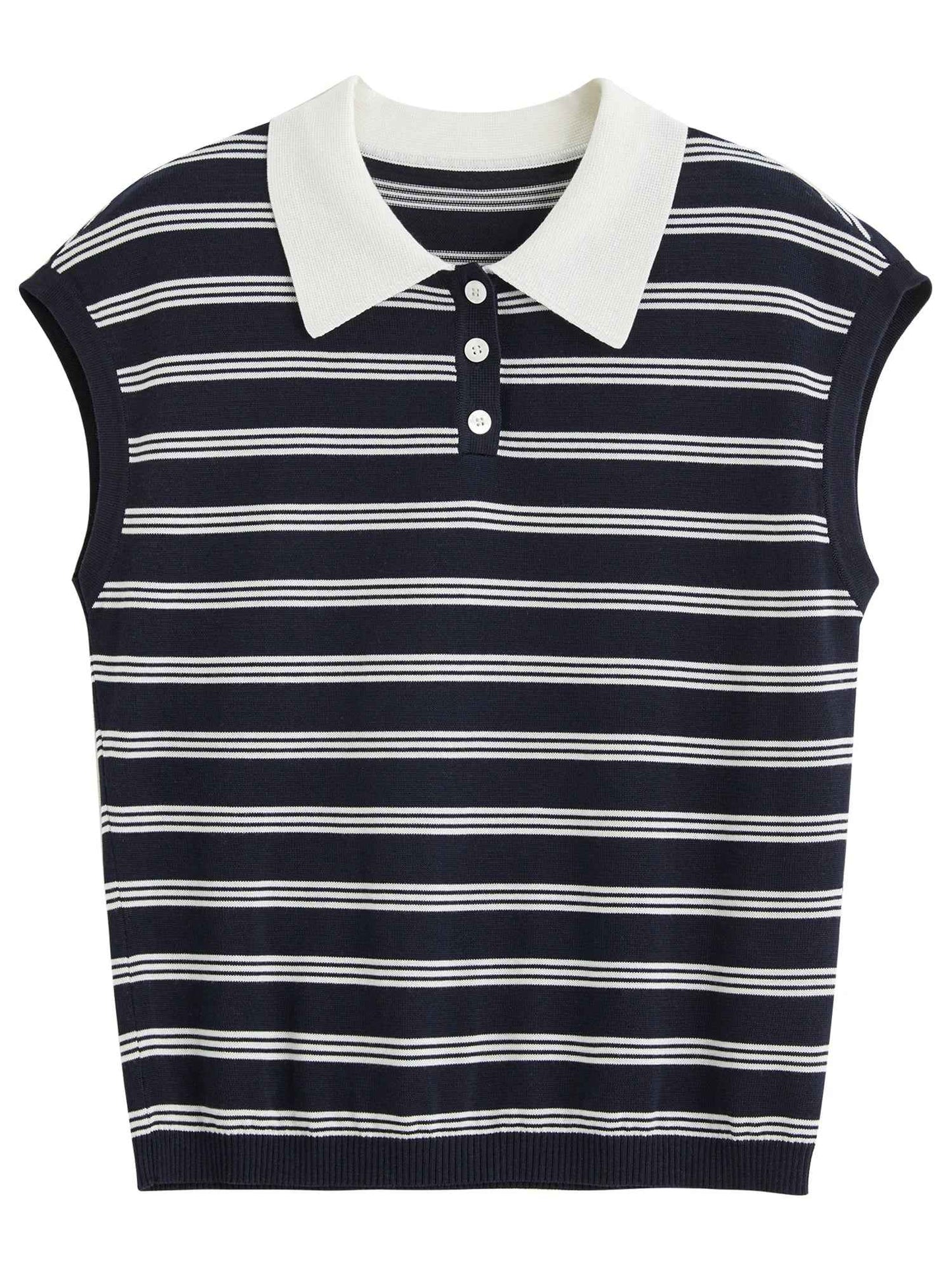 Women Casual Striped Knit Sleeveless Button Collar T-Shirt