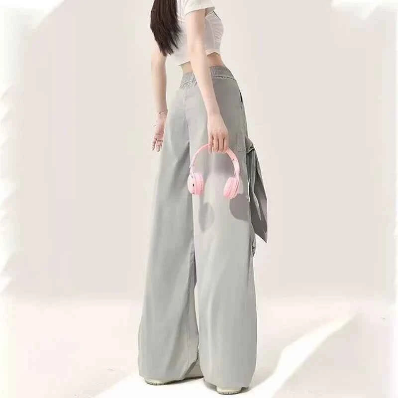 Women Elastic High Waist Gray Cargo Pants
