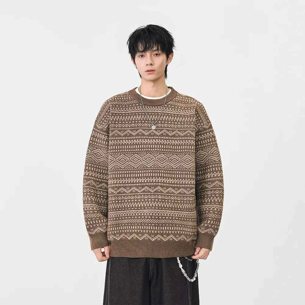 Y2K Plush Ethnic Knit Crew Neck Sweater