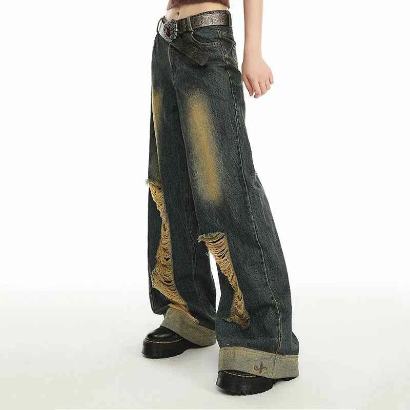 Summer Distressed High-Waist Wide-Leg Jeans