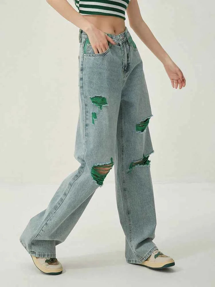 High Waist Wide Leg Distressed Ripped Jeans