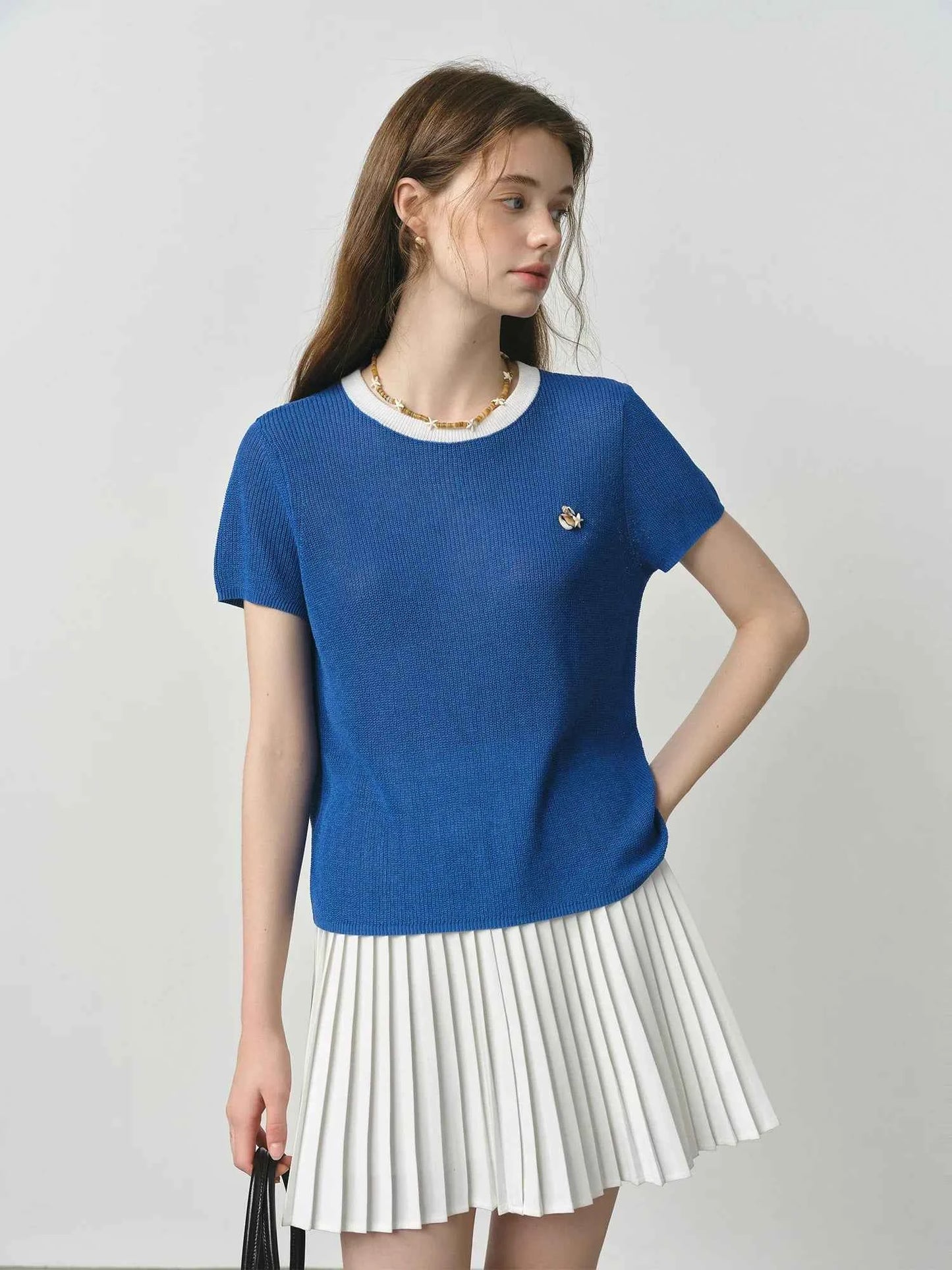 Women Retro Casual Blue Nautical Style Knit T-Shirt