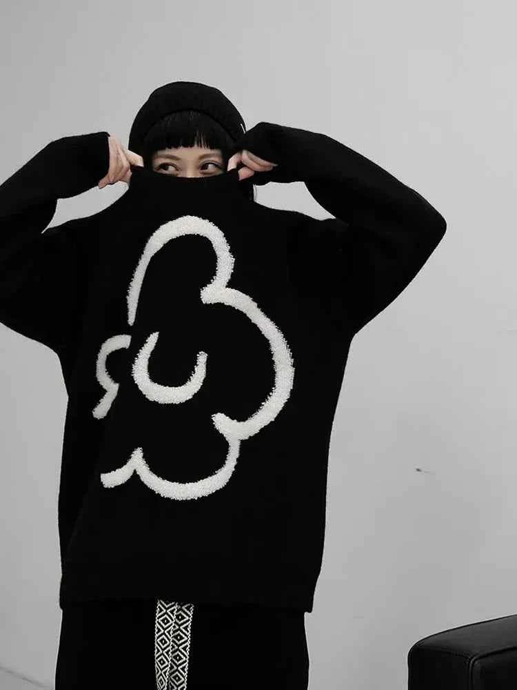 Women Vintage Black Floral Knitted Pullover Sweater