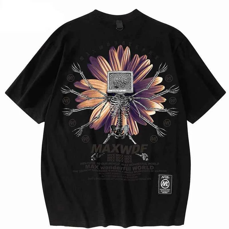 Oversize Skeleton Flower Printed Cotton T-Shirt