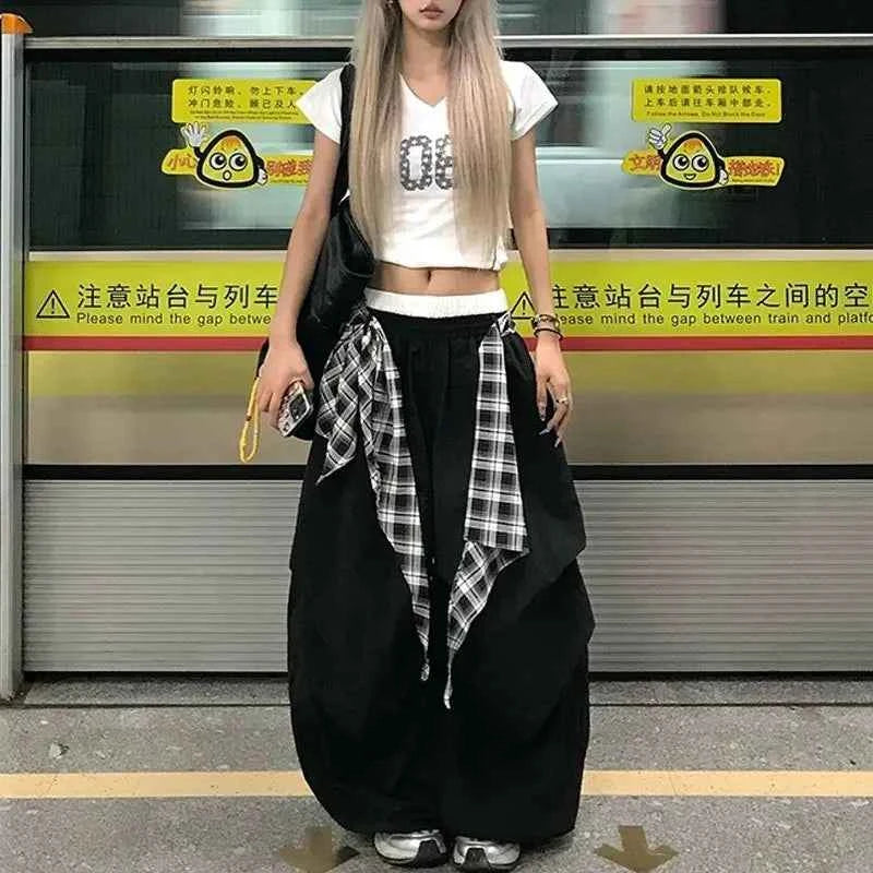 Black Plaid Wide Cargo Pants