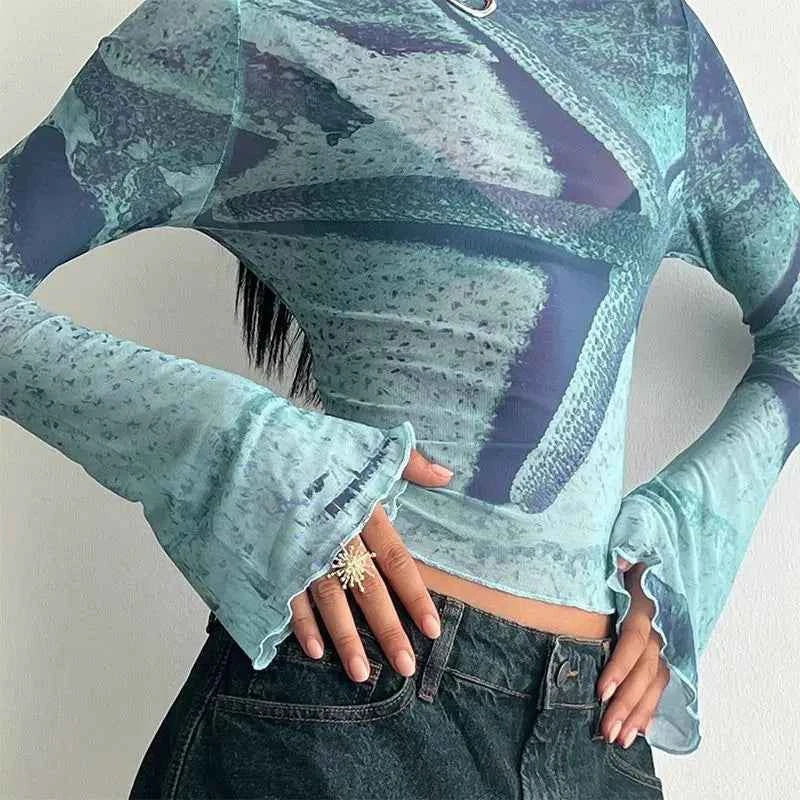Women Blue Flare Sleeve Crop T-Shirt