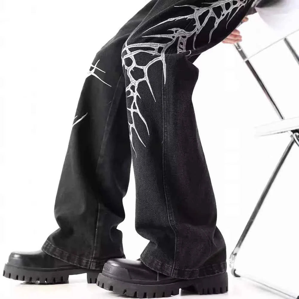 Y2K Black Loose Straight Embroidered Jeans