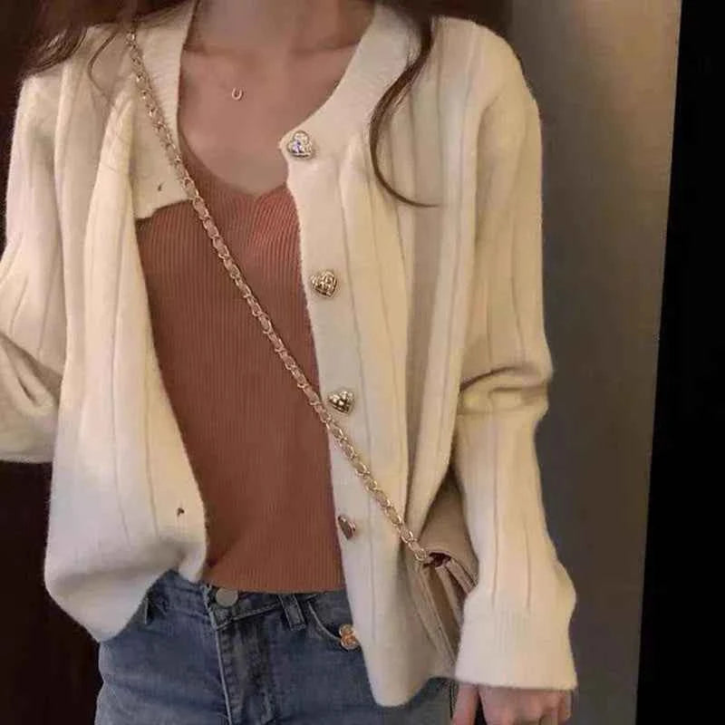 Women Classic Burgundy Knit with Heart Button Cardigan