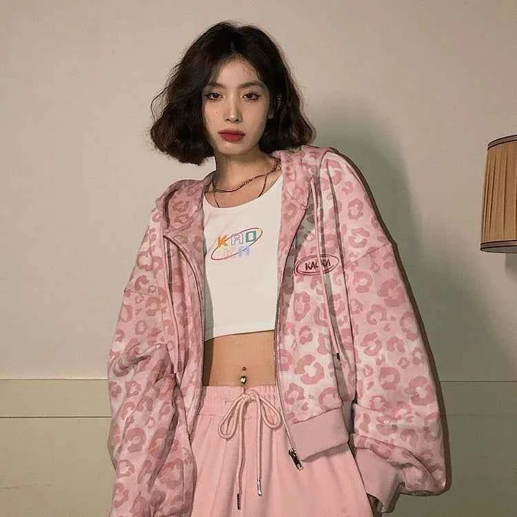 Y2K Pink Leopard Print Casual Sweatshirt