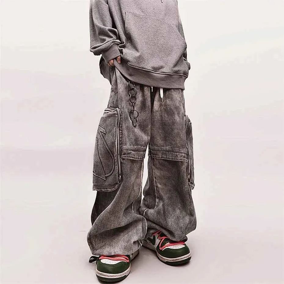 Streetwear Washed Baggy Punk Denim Cargo Jeans