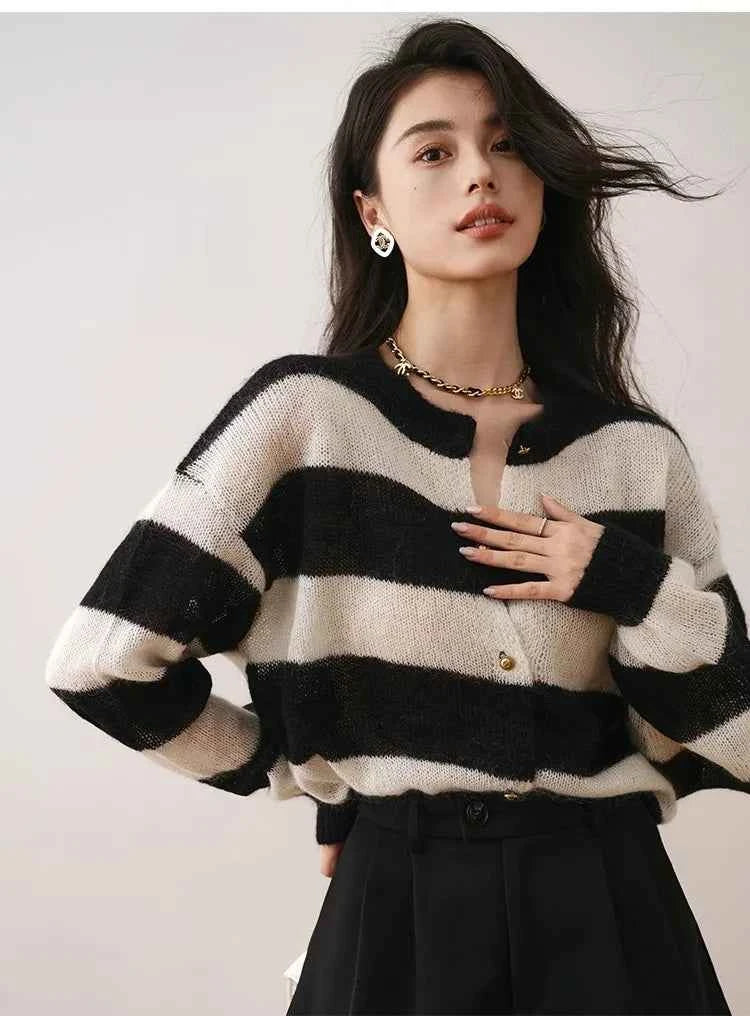 Handesome French Style Striped Spliced Cardigan