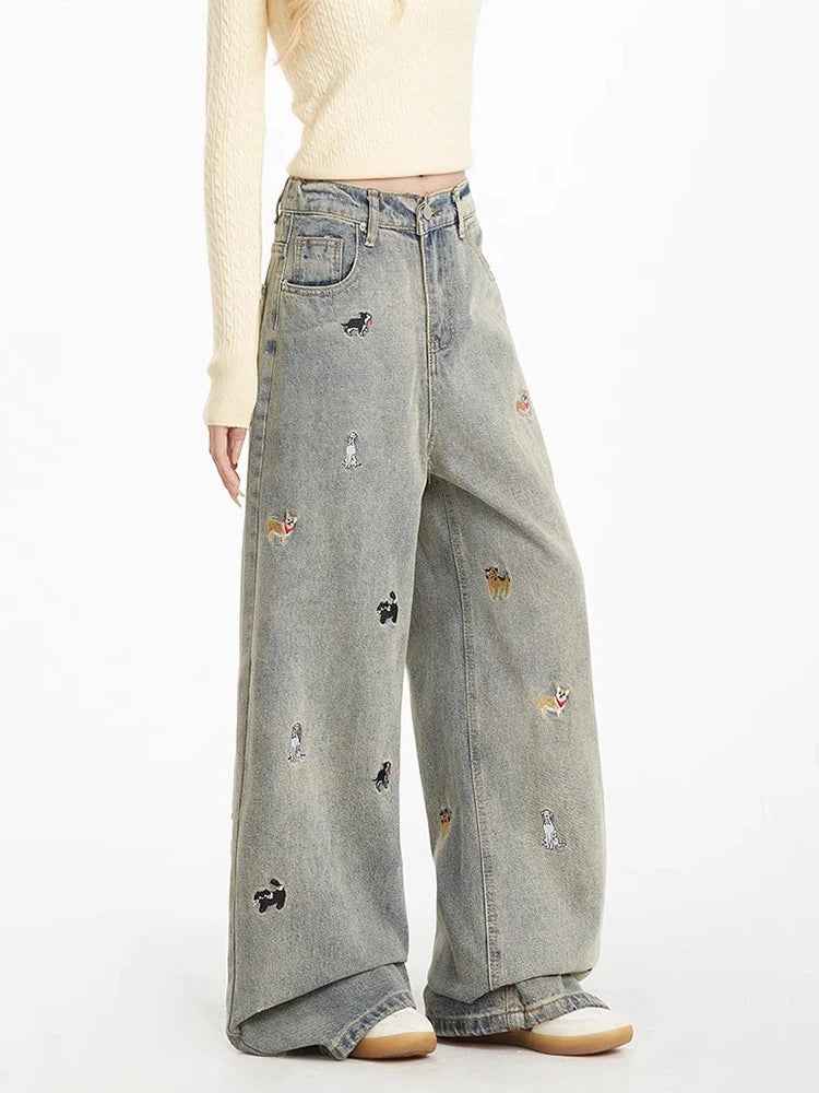 Cool Vintage American Puppy Embroidered Wide Jeans