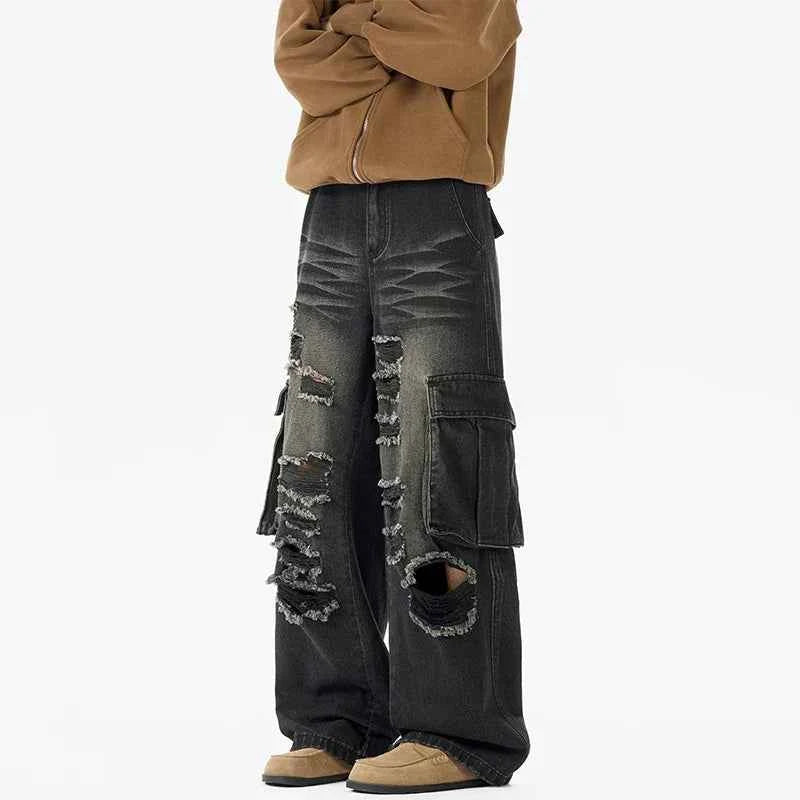 Camouflage Loose Ripped Straight Leg Cargo Jeans