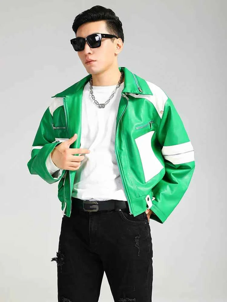 Cool Green Block Pu Leather Jacket