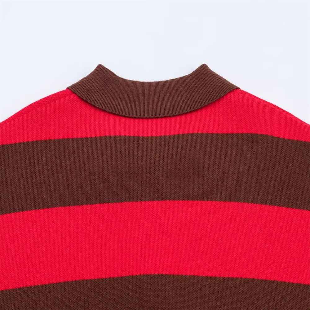 Insulated V-Neck Collar Striped Knit Polo Sweater