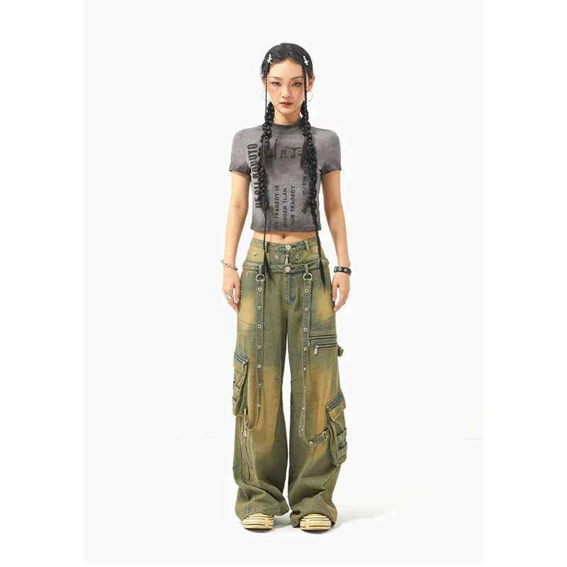 Streetwear Y2K Belted Vintage High Waist Straight Jeans