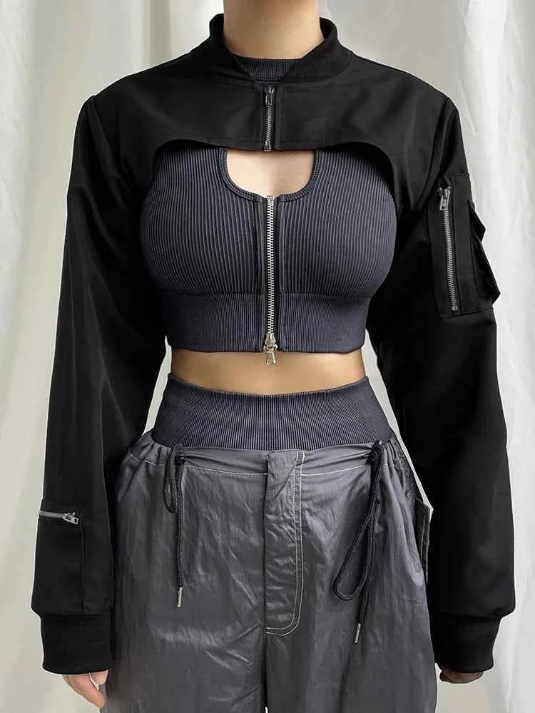 Women Edgy Punk Zip-Up Cargo Jacket
