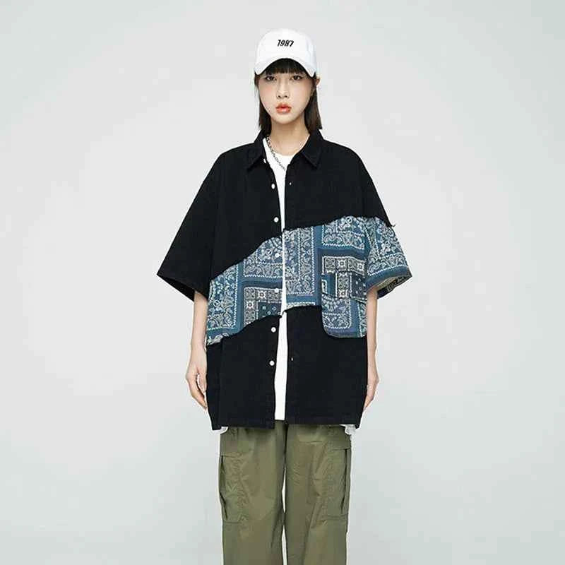 Stylish Patchwork Cashew Pattern Short Sleeve Shirt