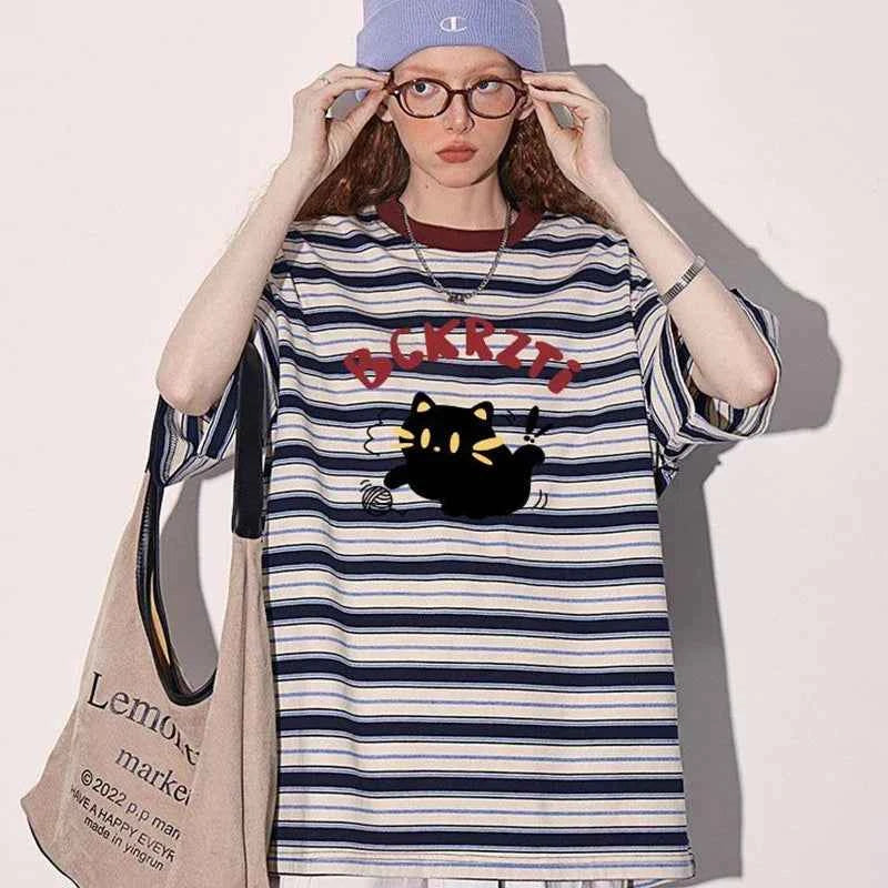 Women Retro Hip Hop Stylish Black Cat Print Striped T-Shirt