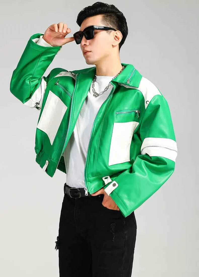 Cool Green Block Pu Leather Jacket