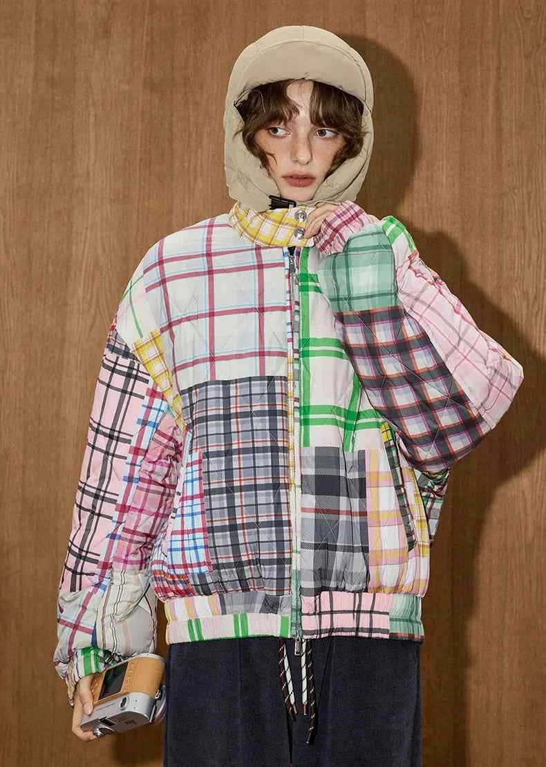 Y2K Color Block Plaid Casual Puffer Jacket