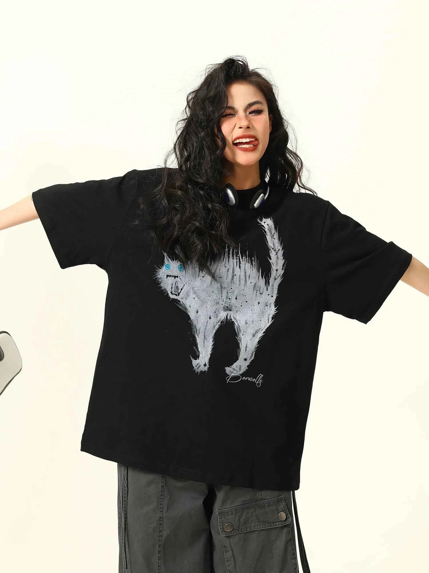 Retro American Cat Cartoon Print T-Shirt