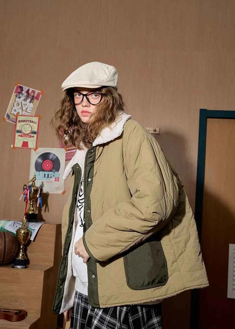 Colorblock Gourd Pattern Faux Fur Parka Jacket