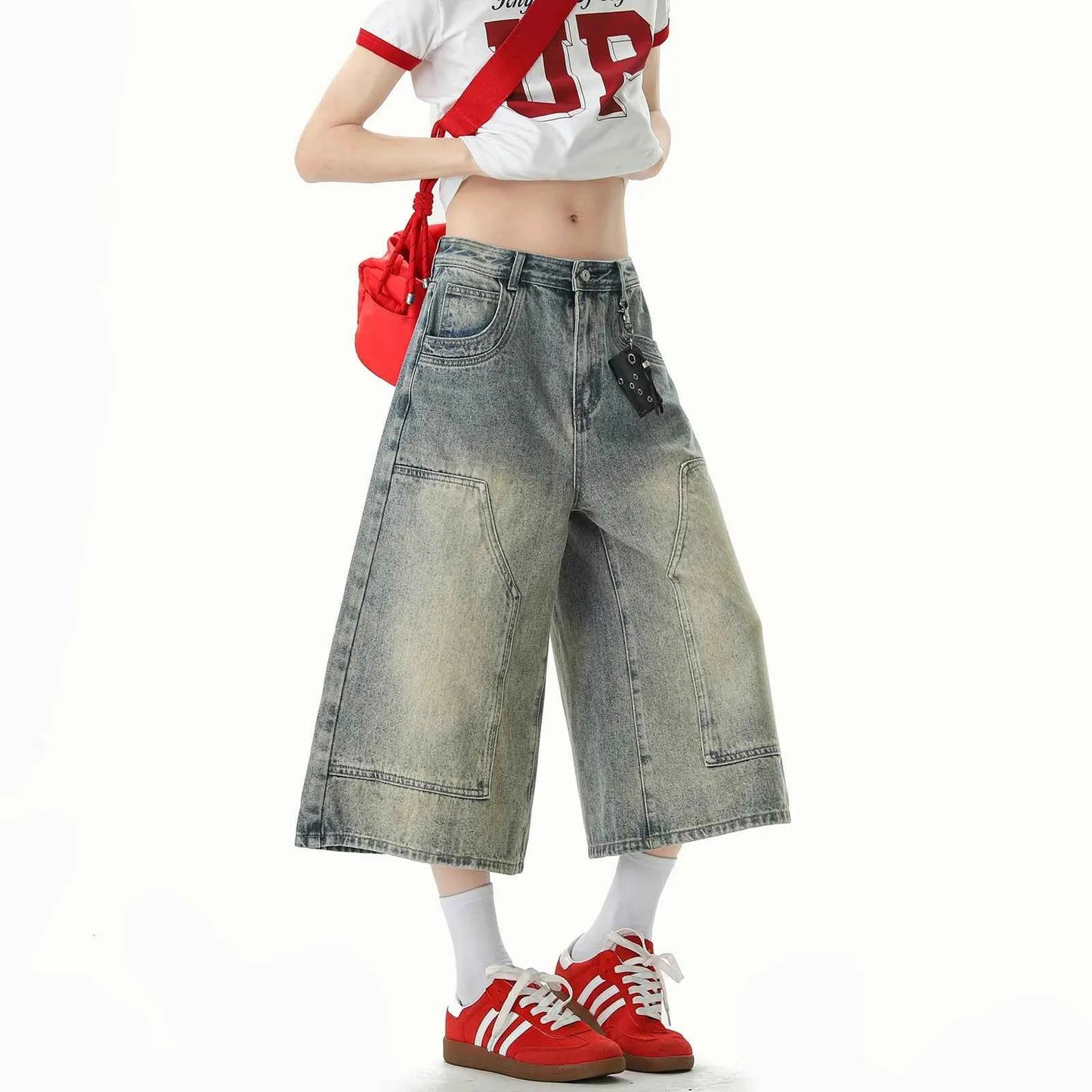 Streetwear Cool Patchwork Wide Leg Denim Jorts
