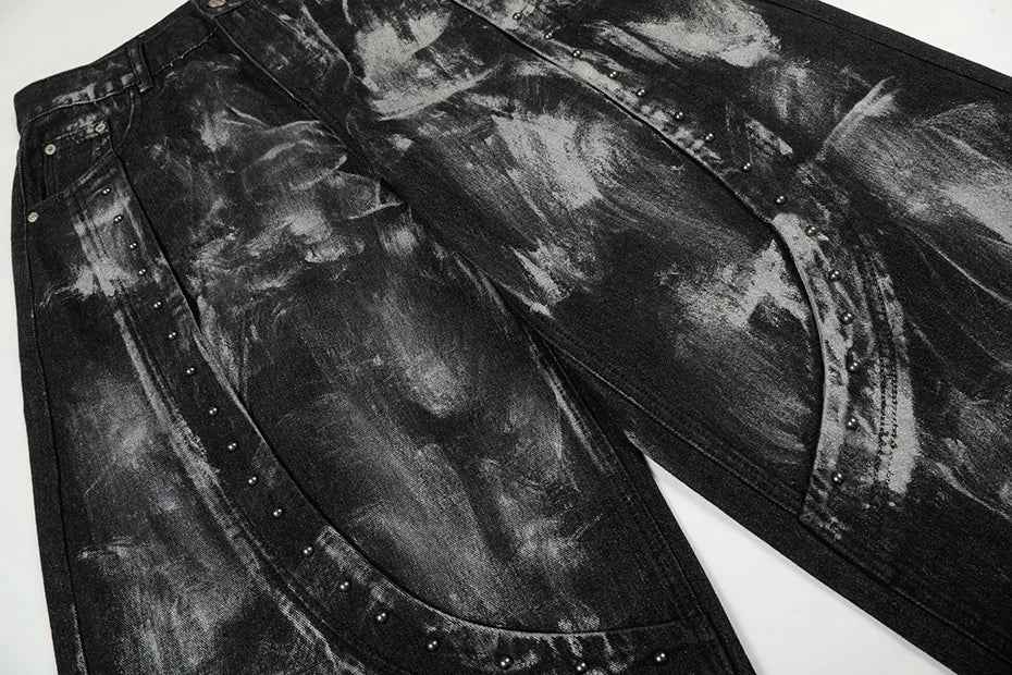 Streetwear Rivet Patchwork Black Wide Leg Jeans