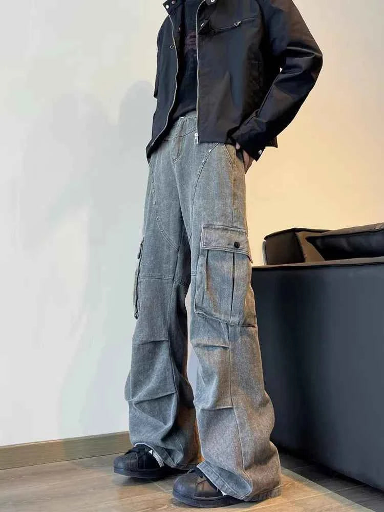 Y2K Streetwear Vintage Cyber Gray Pleated Baggy Jeans