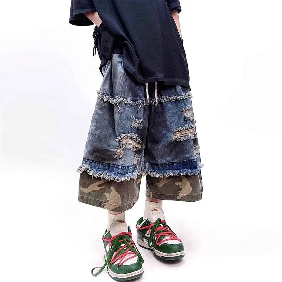 Retro Camouflage Splicing Denim Jorts