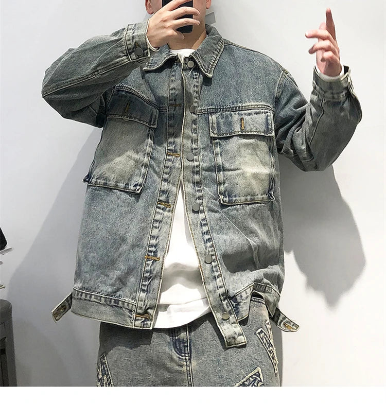 Tied Die Lapel Button Up Jean Jacket