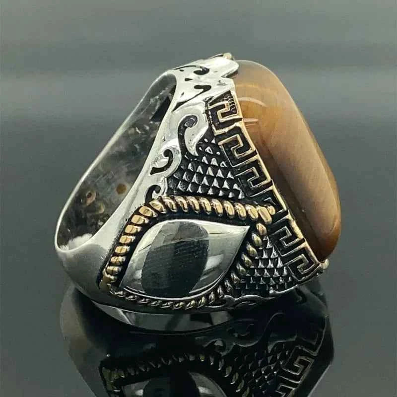 Men Yellow Black Stone Carved Silver Ring
