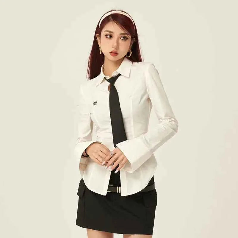 Women Stylish Trendy White Slim Fit Tie Shirt