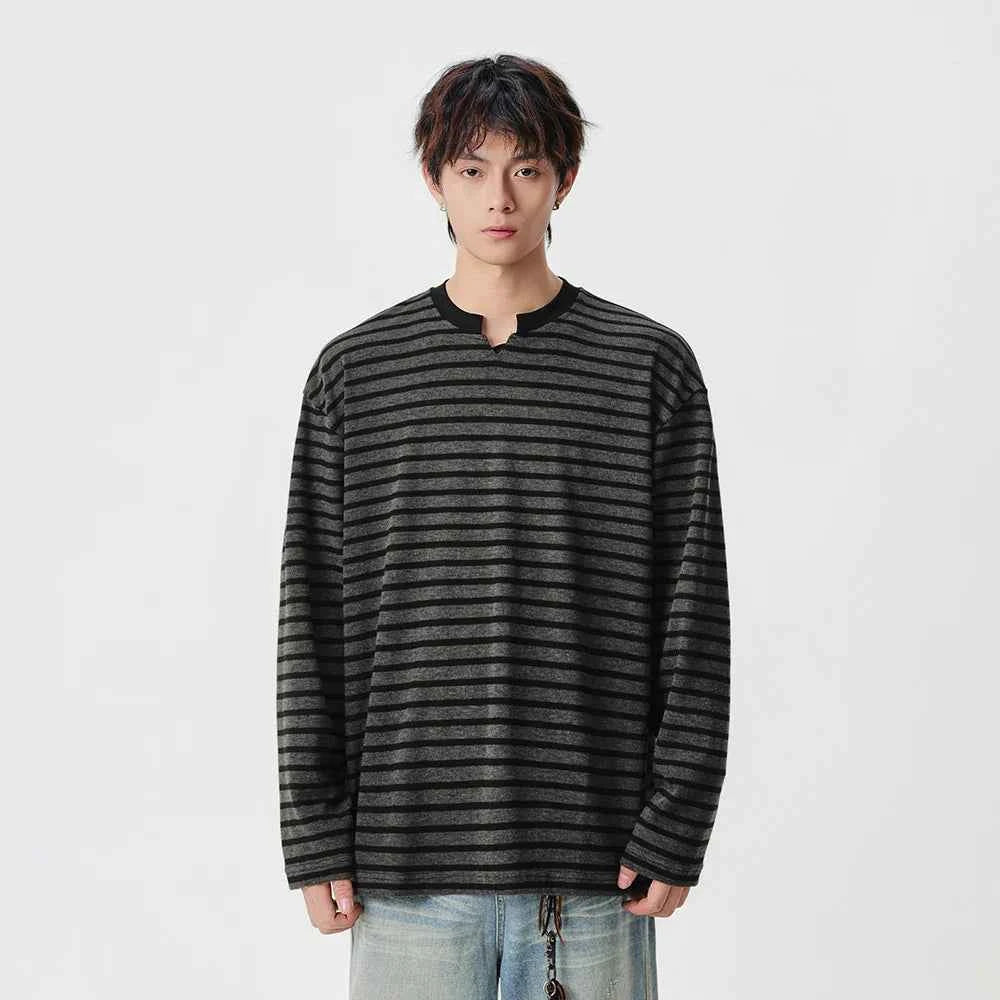 Striped Notch Neck Casual Long Sleeve T-Shirt