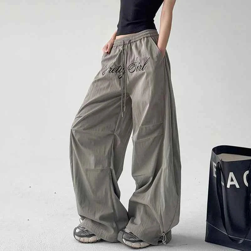 Gray Parachute Letter Embroidery Cargo Pants