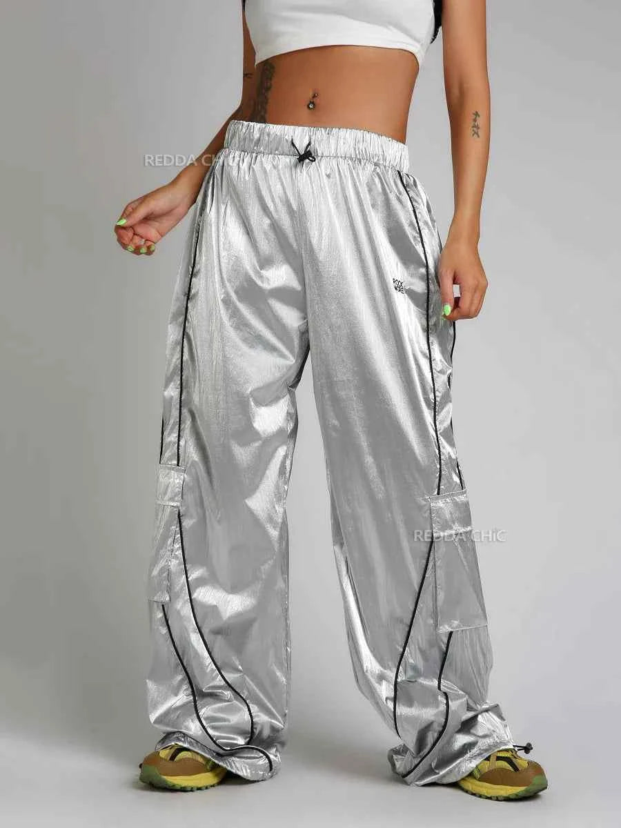 Vintage Silver Metallic Parachute Leather Pants