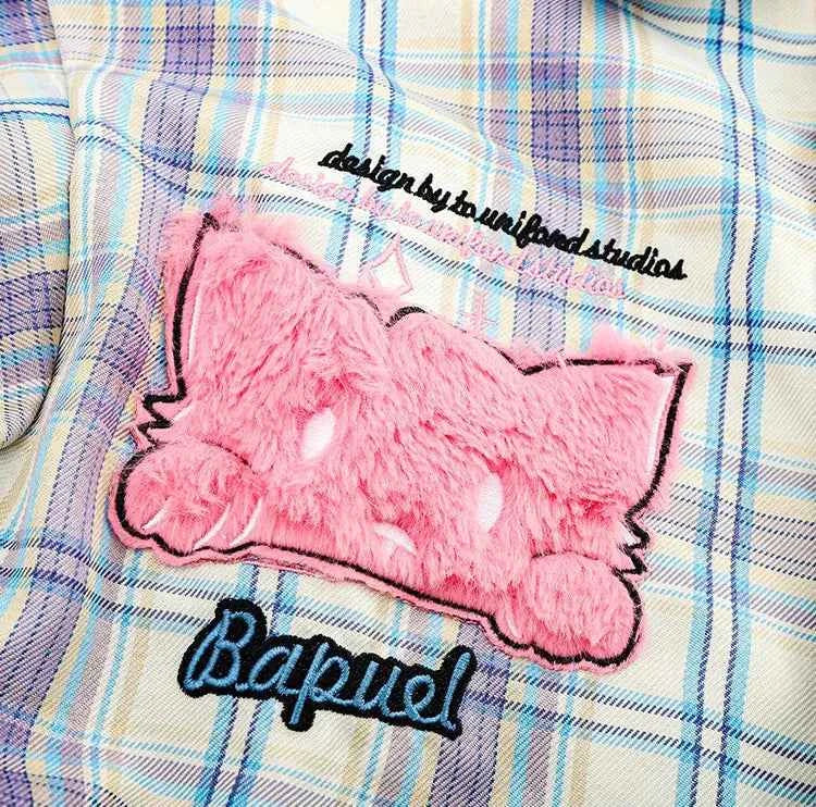Plaid Embroidery Lapel Spring Fall Long Sleeve Shirt