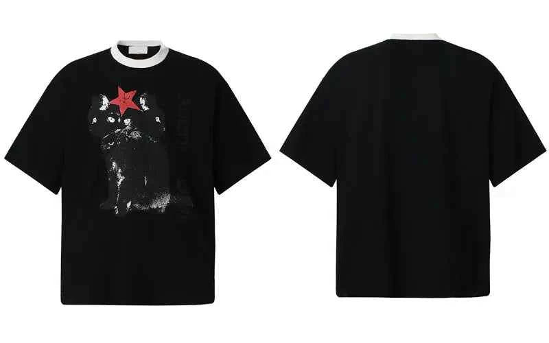 Perfect Fit Black Star Graphic Cat Print Cotton T-Shirt