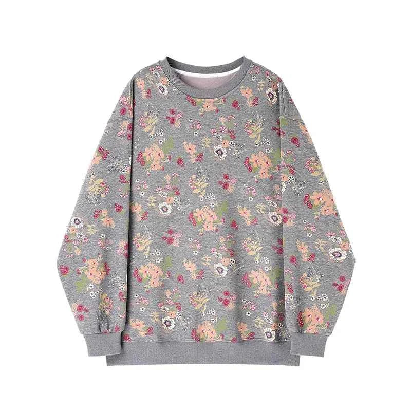 Vintage Women Gray Floral Round Sweatshirt