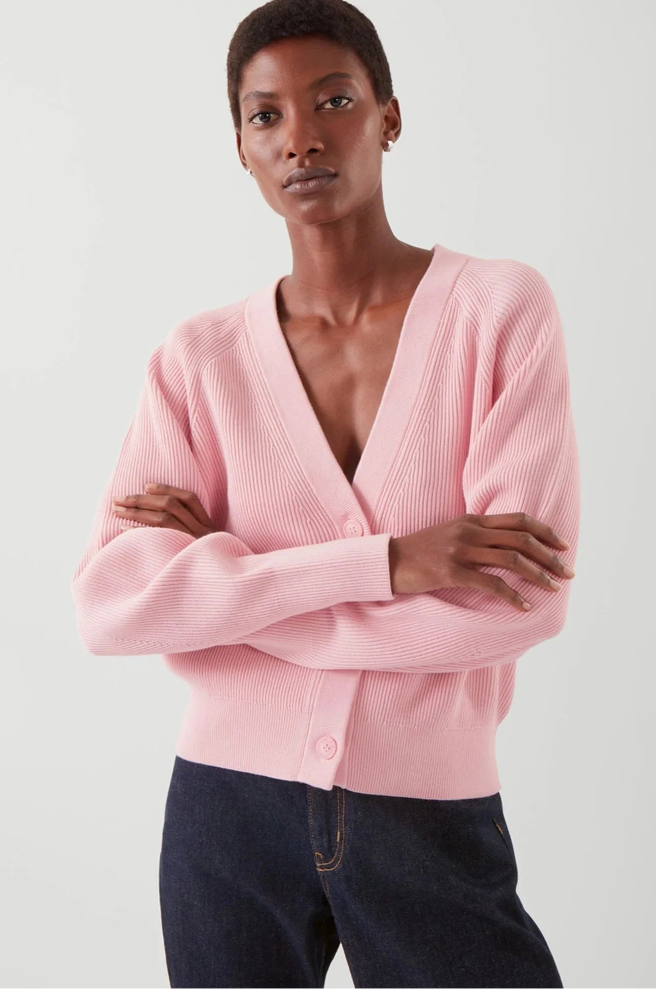 Ethereal Pink Autumn V-Neck Ribbed Cardigan - Luxuryurbanwear