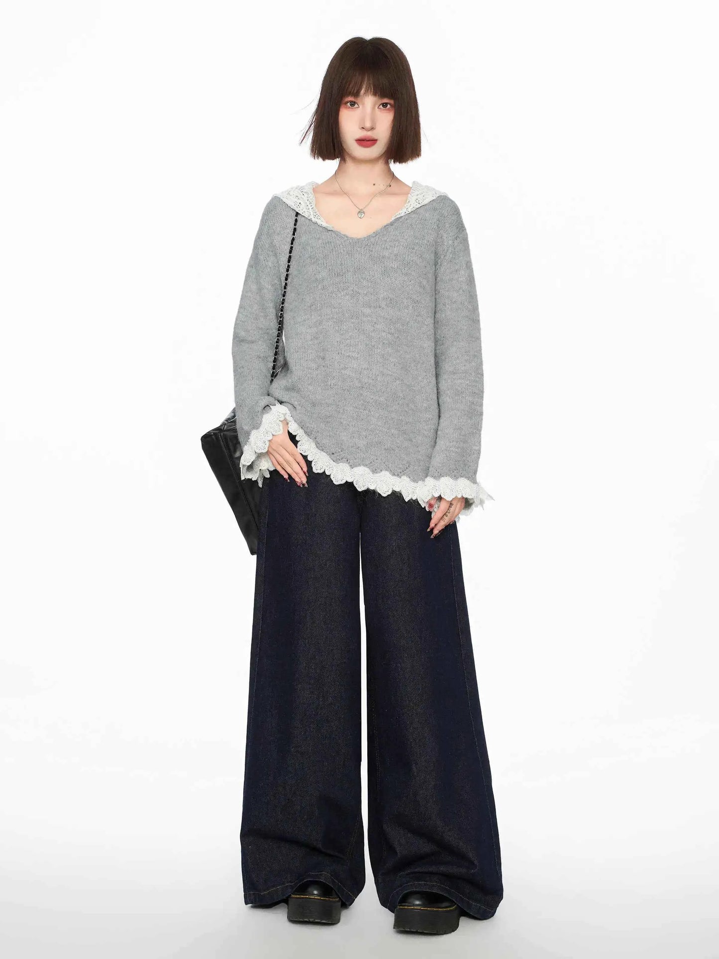 Back to Basics Cozy Lace V Neck Hodded Sweater