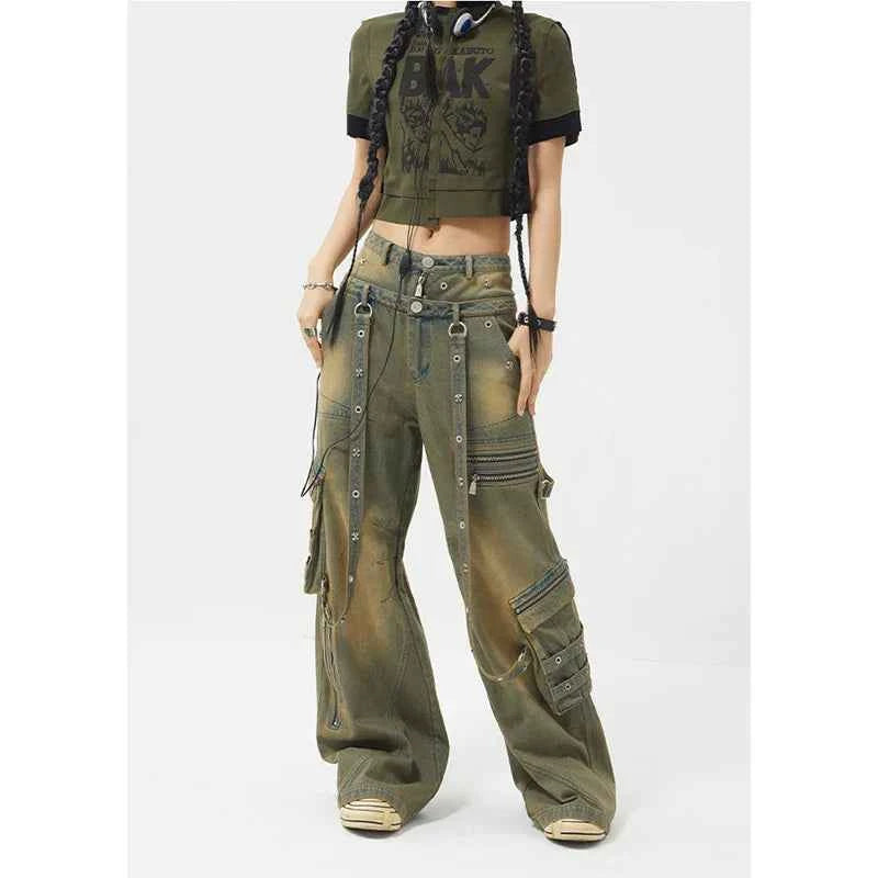 Streetwear Y2K Belted Vintage High Waist Straight Jeans