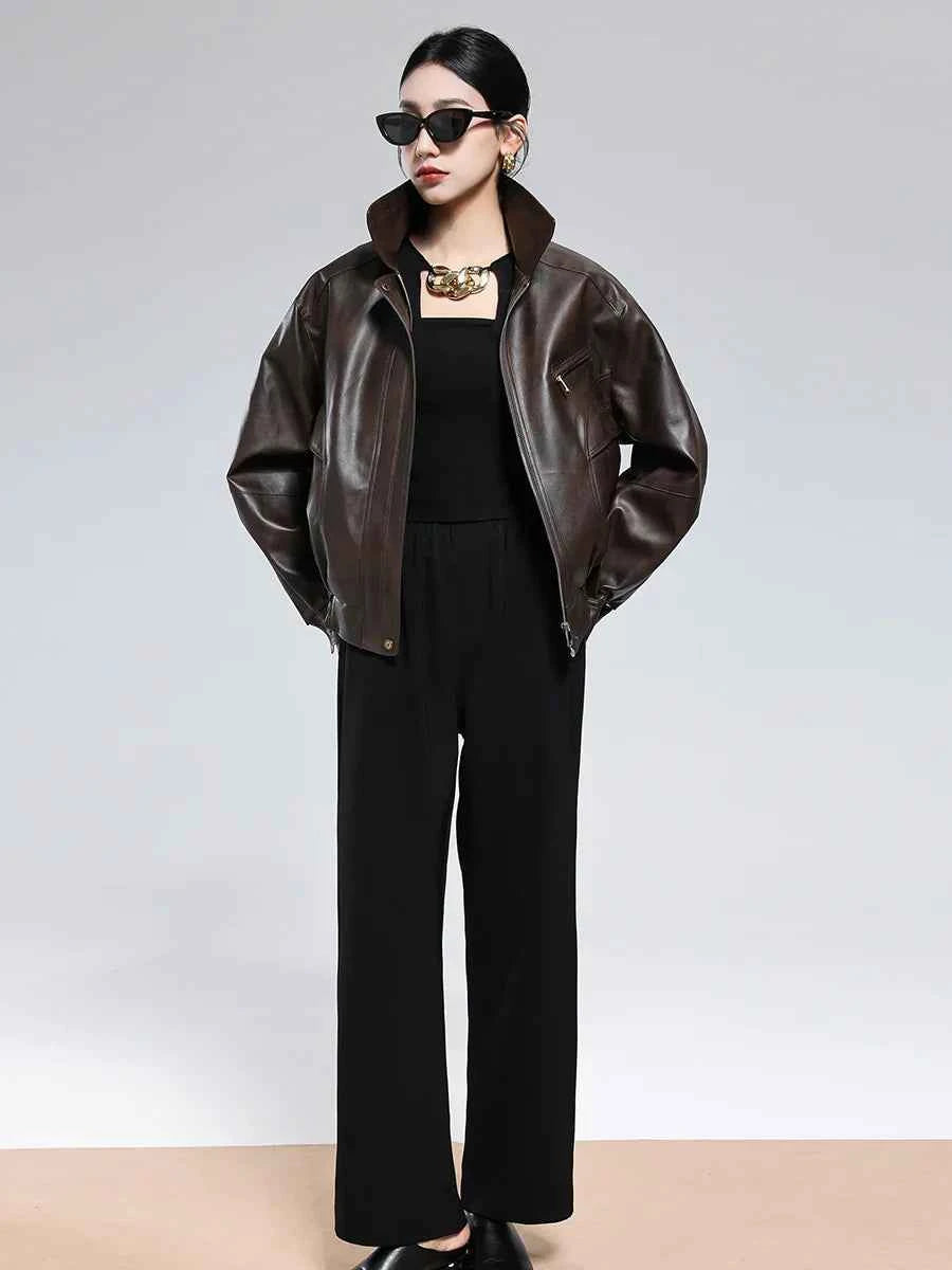Casual Luxury Distressed Brown PU Leather Jacket