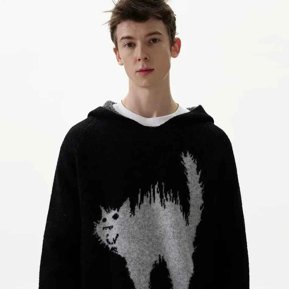 Colorful Japanese Cat Print Knit Hoodie