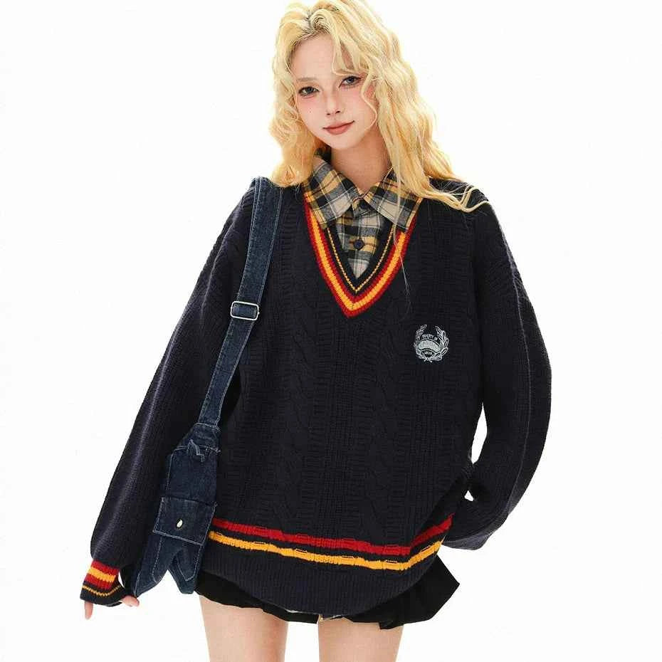 Oversized Varsity Patchwork Double Layers Knit Sweater